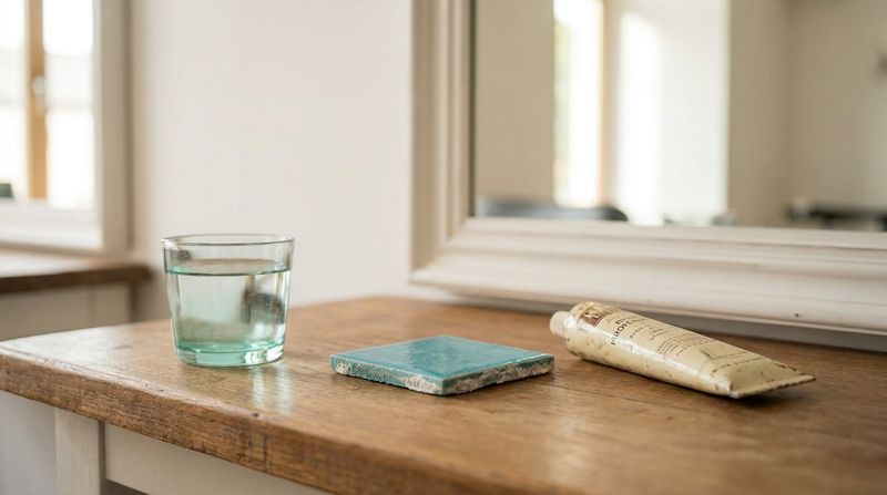 Vaso con agua, azulejo de piscina con depósitos minerales turquesa y tubo de decolorante vintage sobre encimera de madera — las tres fuentes de cobre que pueden generar verde en cabello decolorado