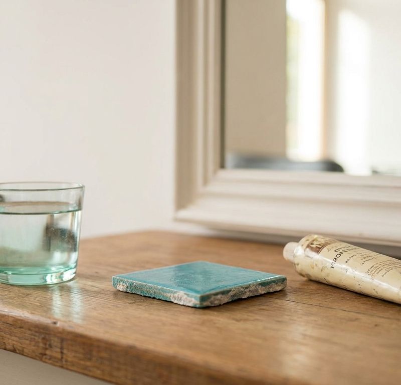 Vaso con agua, azulejo de piscina con depósitos minerales turquesa y tubo de decolorante vintage sobre encimera de madera — las tres fuentes de cobre que pueden generar verde en cabello decolorado