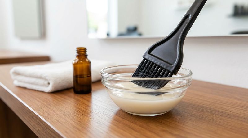Pincel profesional aplicador apoyado en bol de cristal con quelante crema sobre encimera de madera, junto a toalla blanca y frasco ámbar de pre-tratamiento