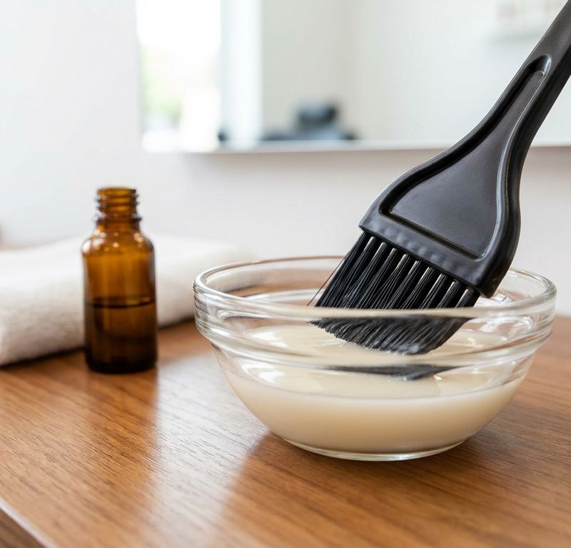 Pincel profesional aplicador apoyado en bol de cristal con quelante crema sobre encimera de madera, junto a toalla blanca y frasco ámbar de pre-tratamiento