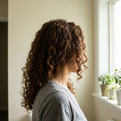 Persona con el pelo rizado teñido de espaldas junto a una ventana, con la luz de la mañana marcando los reflejos en puntos sobre la espiral
