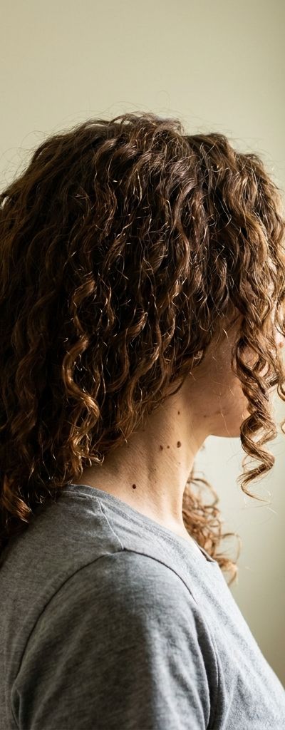 Persona con el pelo rizado teñido de espaldas junto a una ventana, con la luz de la mañana marcando los reflejos en puntos sobre la espiral