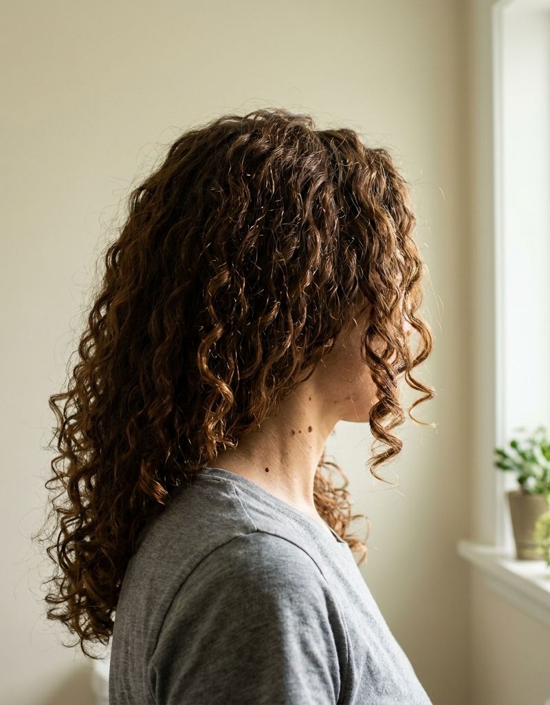 Persona con el pelo rizado teñido de espaldas junto a una ventana, con la luz de la mañana marcando los reflejos en puntos sobre la espiral