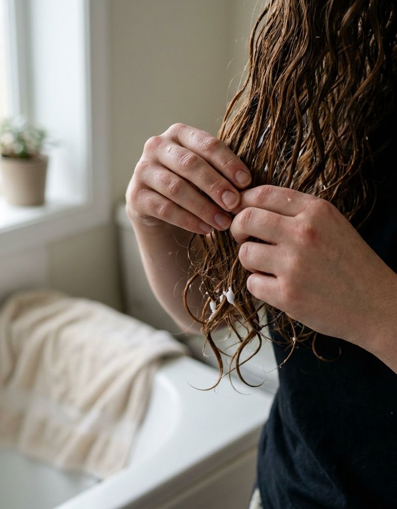Manos separando una sección de pelo rizado mojado con acondicionador en un baño con luz de ventana