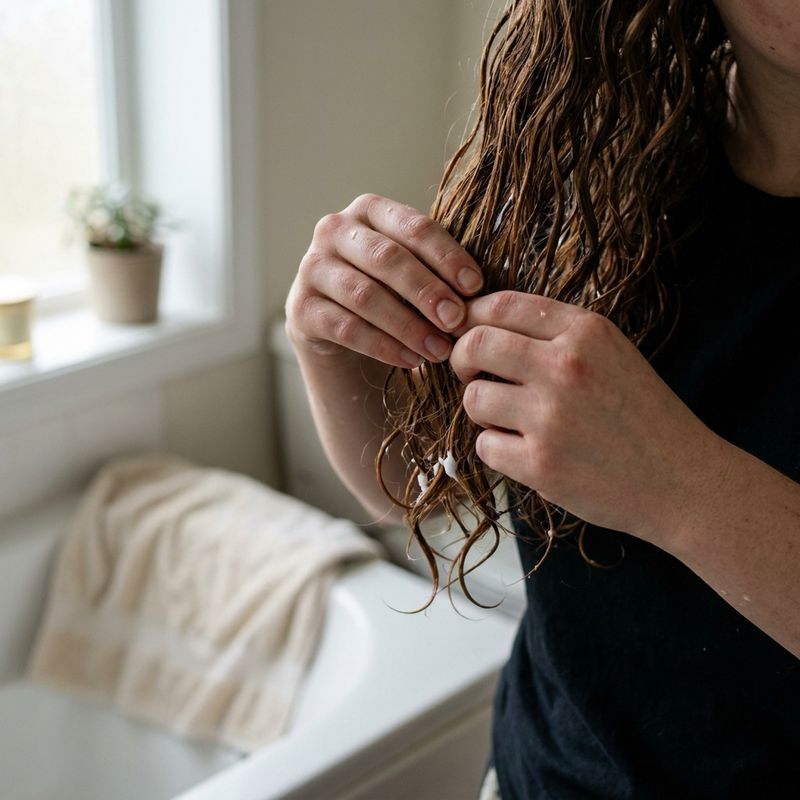 Manos separando una sección de pelo rizado mojado con acondicionador en un baño con luz de ventana