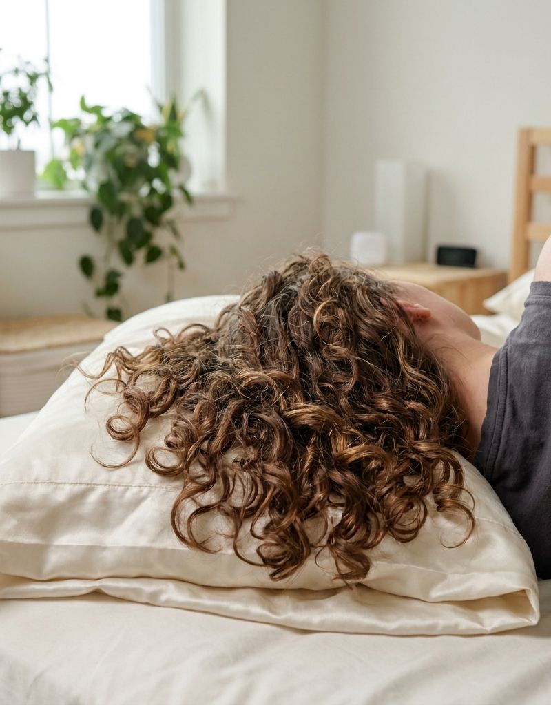 Melena rizada extendida sobre una funda de almohada de satén color crema en un dormitorio con luz de mañana