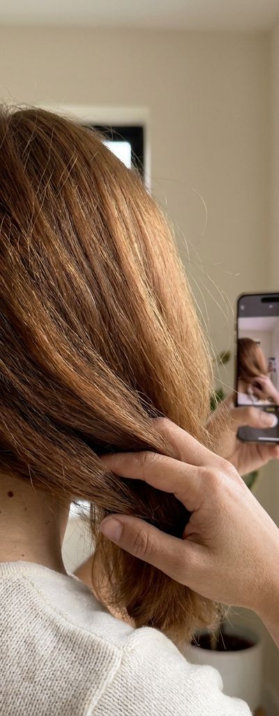 Persona fotografiando su pelo cobrizo con el móvil junto a una ventana con luz natural