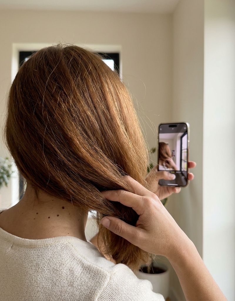 Persona fotografiando su pelo cobrizo con el móvil junto a una ventana con luz natural