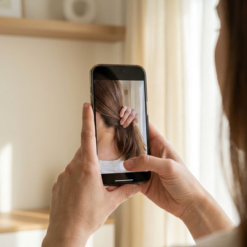 Mãos segurando um celular fotografando uma mecha da nuca ao lado de uma janela com luz natural