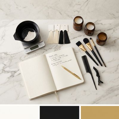 Professional color formulation station in salon with organized formula records and color products