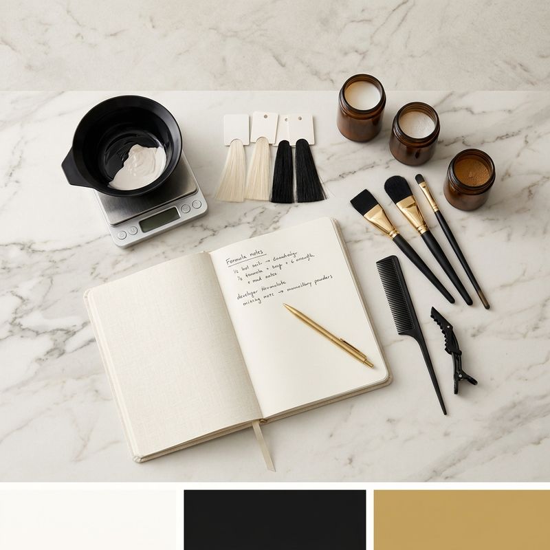 Espacio de formulación profesional en salón con fichas organizadas y productos de color