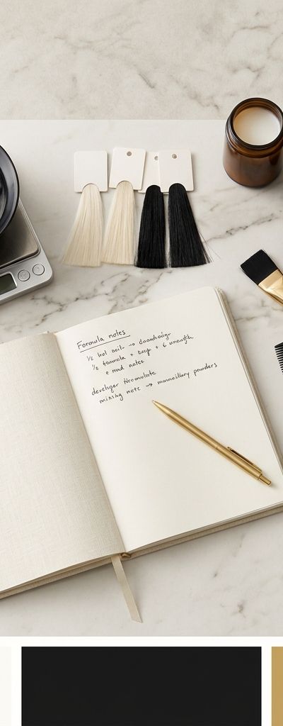 Espacio de formulación profesional en salón con fichas organizadas y productos de color
