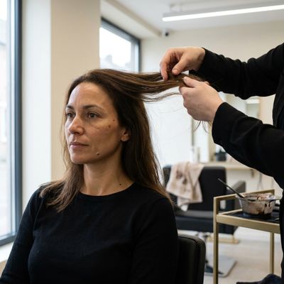 Pessoa sentada na cadeira do salão enquanto quem a atende examina uma mecha do seu cabelo contra a luz durante a consulta