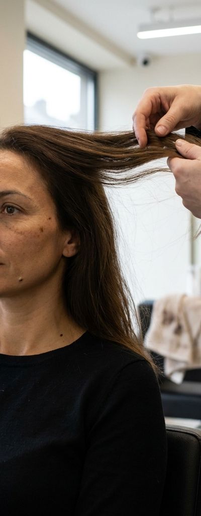 Persona sentada en el sillón de una peluquería mientras quien la atiende revisa un mechón de su pelo a contraluz durante la consulta previa