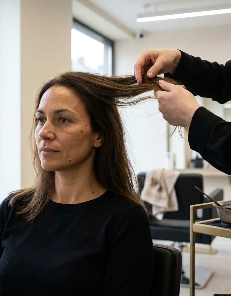 Persona sentada en el sillón de una peluquería mientras quien la atiende revisa un mechón de su pelo a contraluz durante la consulta previa
