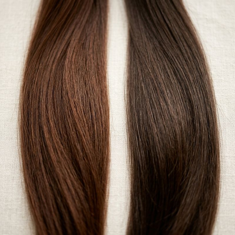 Duas mechas de cabelo castanho sobre linho claro, uma tratada com hena e outra não, mostrando a diferença de brilho e tom sob a mesma luz