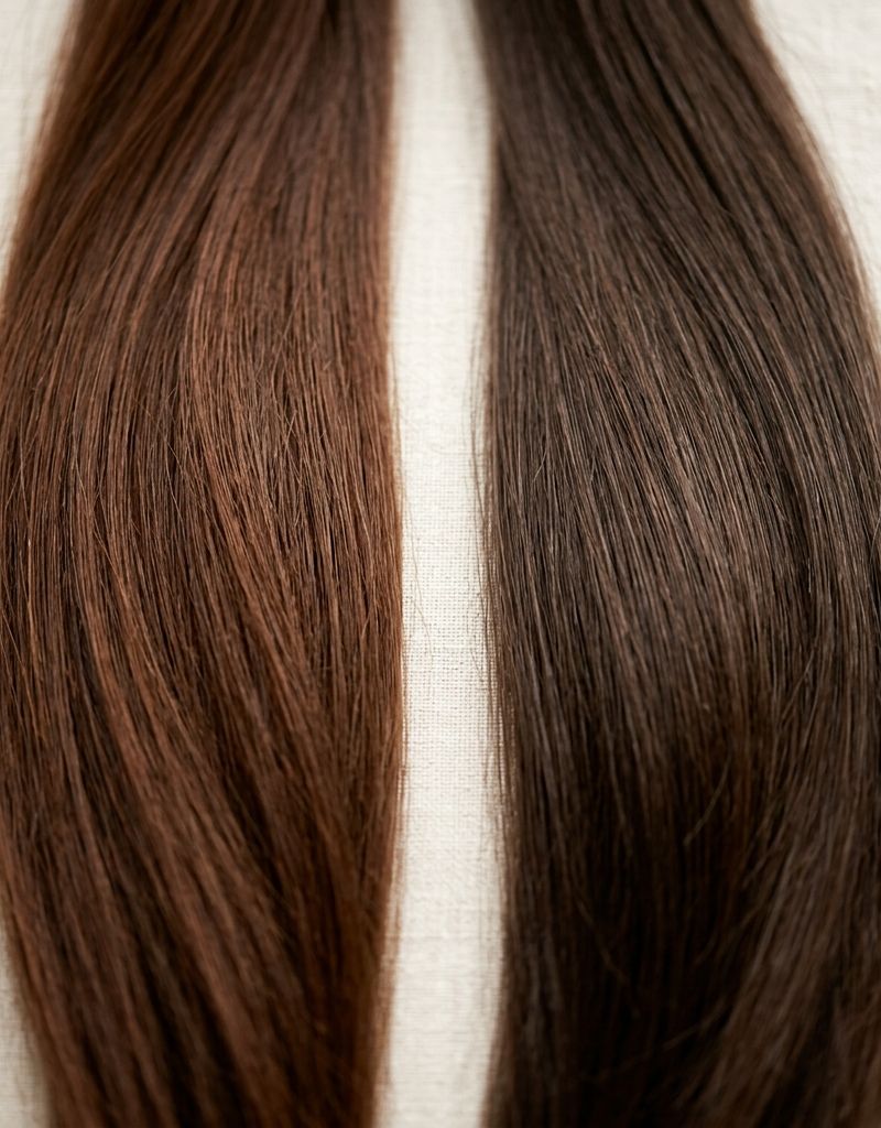 Dos mechones de pelo castaño sobre lino claro, uno tratado con henna y otro sin tratar, mostrando la diferencia de brillo y tono bajo la misma luz
