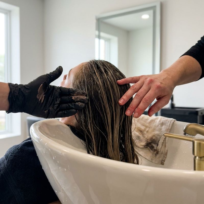 Mãos aplicando produto no cabelo molhado de alguém inclinado sobre o lavatório do salão, com luz lateral quente