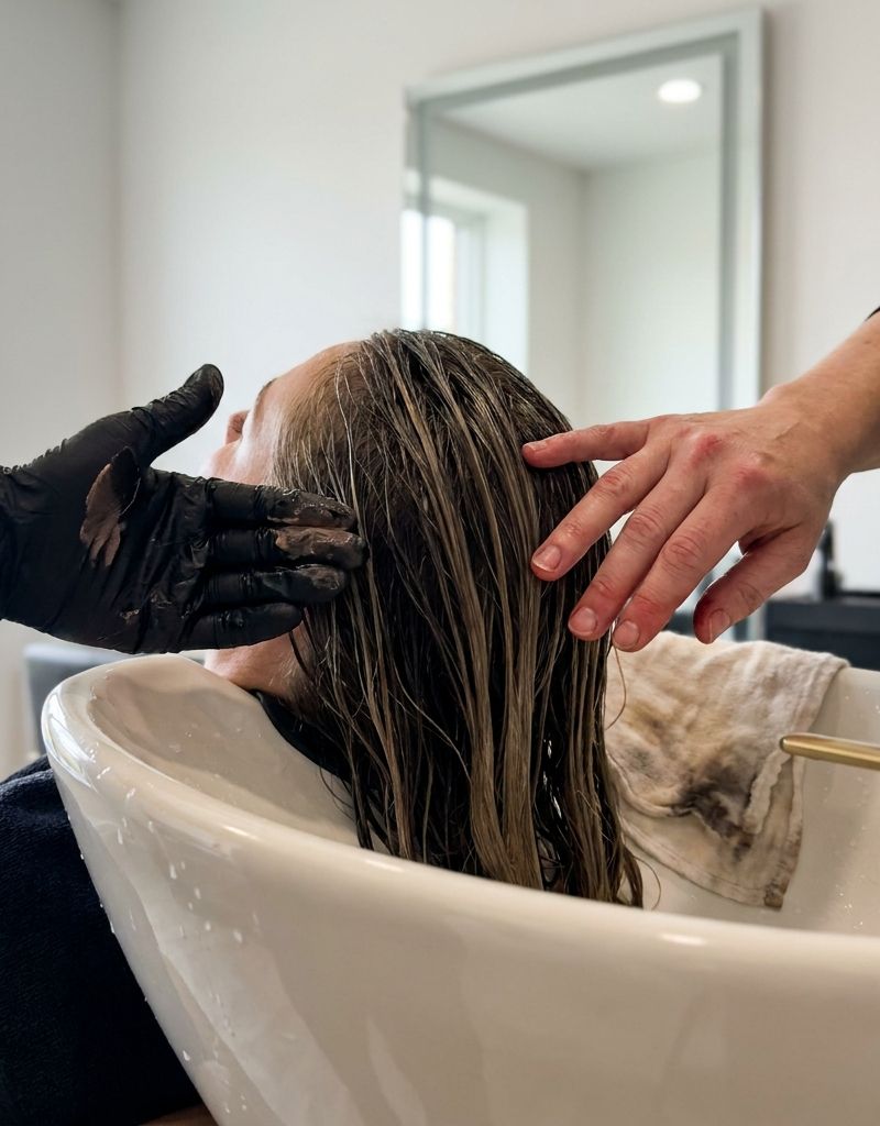 Manos aplicando producto sobre el pelo mojado de alguien inclinado sobre el lavacabezas de un salón, con luz cálida lateral