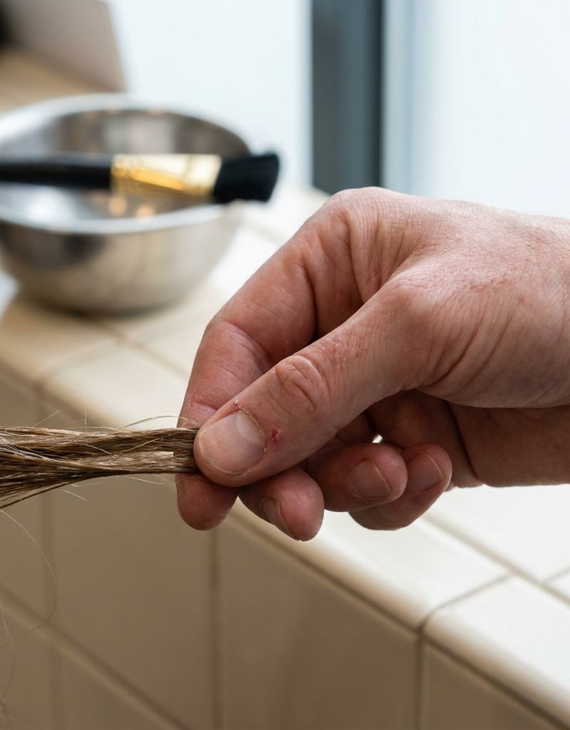Mãos de um profissional da cor examinando de perto uma mecha de cabelo entre os dedos, com um bowl e um pincel de tintura ao lado no lavatório do salão