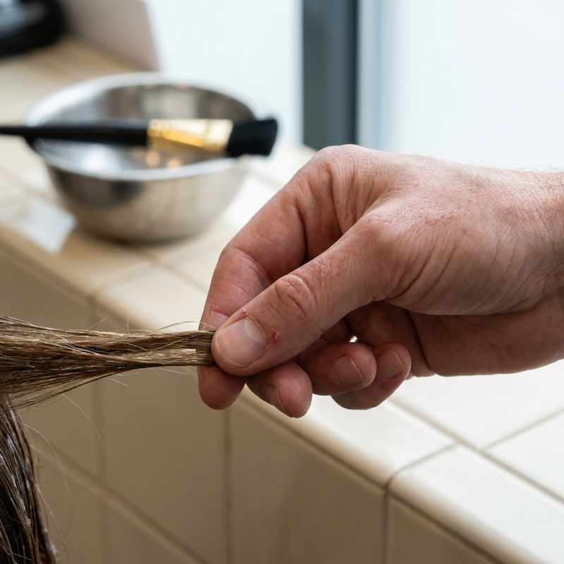 Manos de un profesional del color examinando de cerca una mecha de pelo entre los dedos junto a un bol y una brocha de tinte en el lavabo del salón