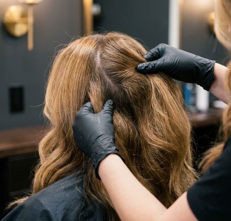 Mãos com luva separando duas seções de cabelo na cabeça, na cadeira do salão, com a diferença de textura e brilho visível entre a raiz e os comprimentos