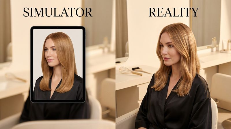 Side by side comparison of AI hair color simulator result on screen versus the actual professional salon result on the same person, showing subtle differences in tone and depth