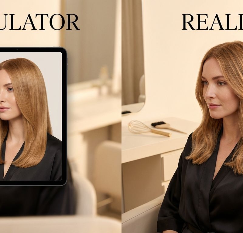Comparación entre resultado de simulador de color con IA (izquierda) y resultado real en salón de peluquería (derecha) mostrando diferencias sutiles de tono