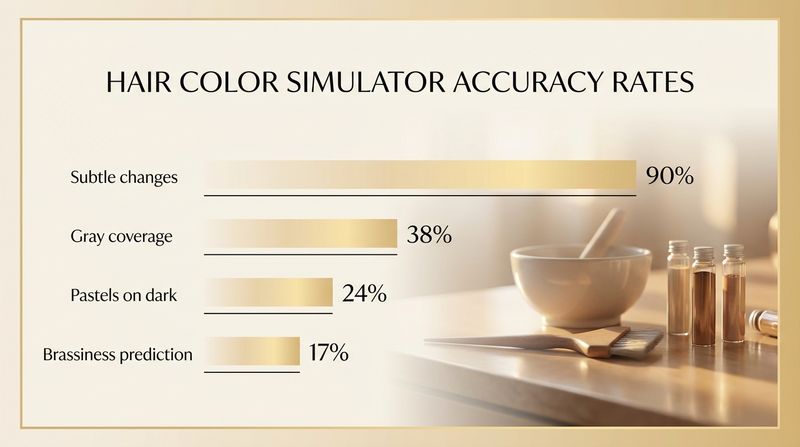 Bar chart infographic showing hair color simulator accuracy rates across different scenarios including subtle changes, medium bases, gray coverage, and pastels on dark hair