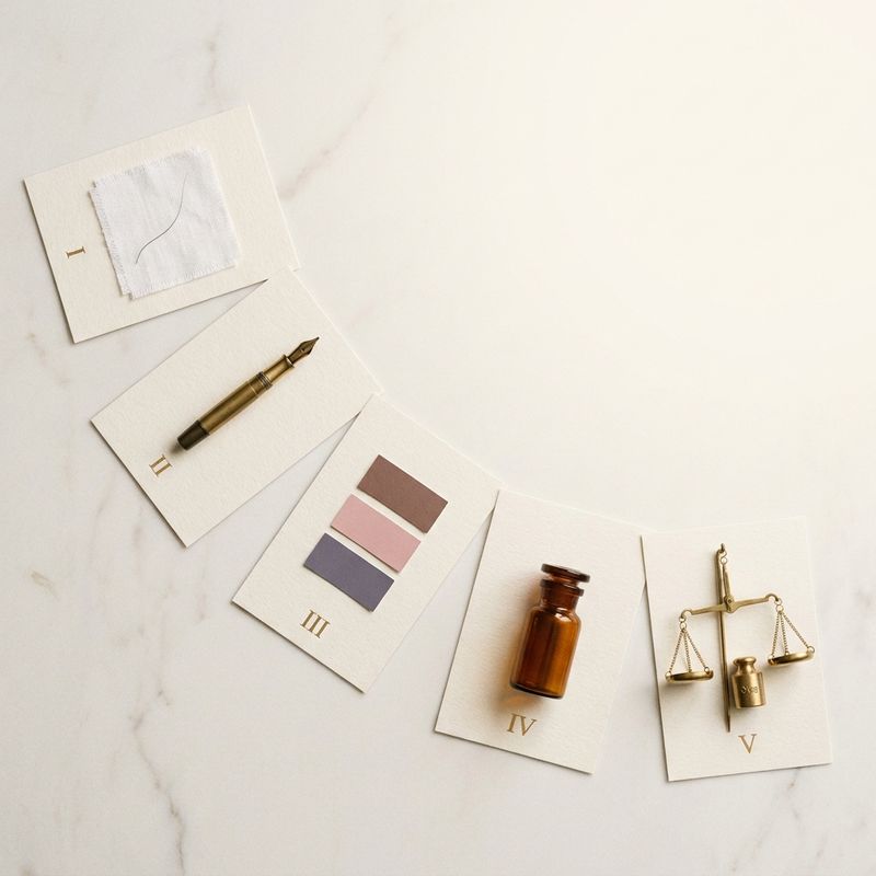 Flat-lay editorial cream marble con cinco objetos numerados: mechón, pluma, swatches color, vial química, balanza precisión