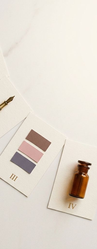 Editorial flat-lay on cream marble with five numbered objects: hair strand, fountain pen, color swatches, chemistry vial, precision scale