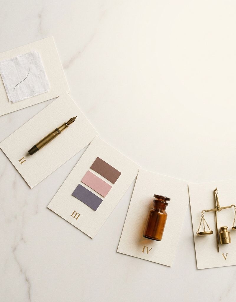 Flat-lay editorial cream marble con cinco objetos numerados: mechón, pluma, swatches color, vial química, balanza precisión