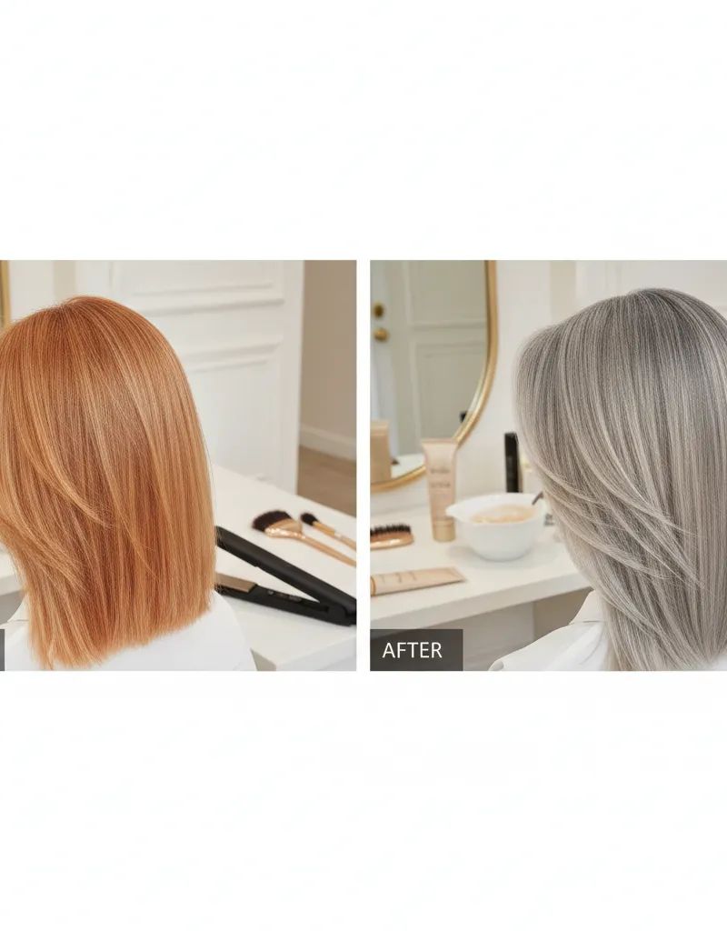 Antes y después de corrección de color: de naranja cobrizo a rubio frío