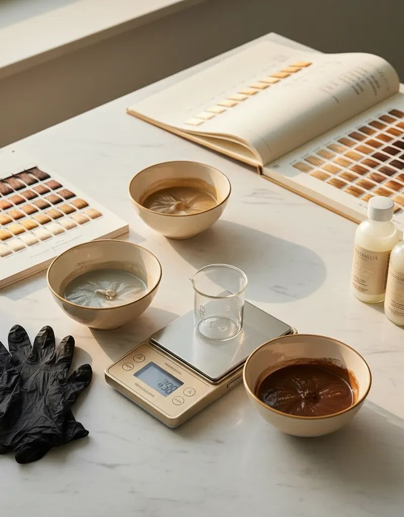 Herramientas profesionales para corrección de color: mezclas, báscula de precisión y carta de colores