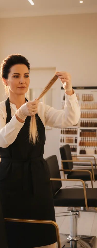 Colorista profesional analizando mechón de cabello para corrección de color