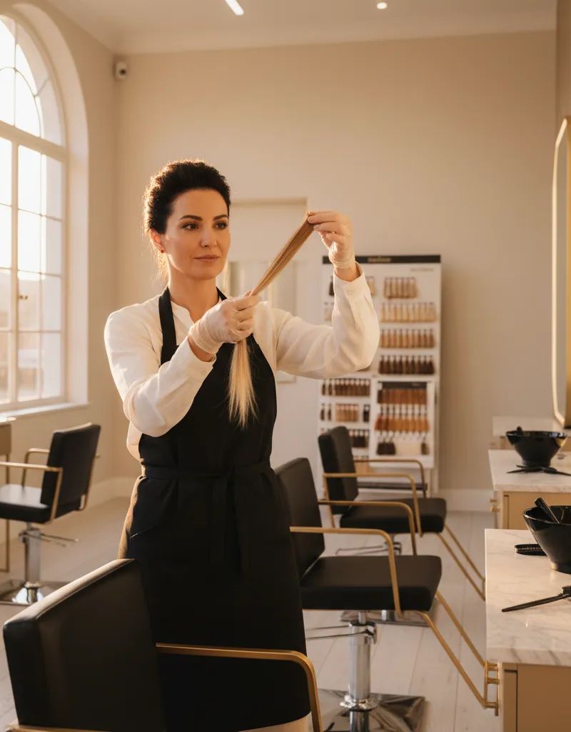 Colorista profesional analizando mechón de cabello para corrección de color