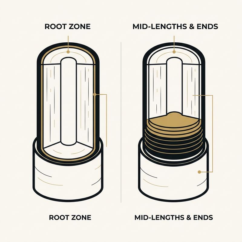 Diagram of a hair strand comparing the root with a single layer of pigment against the mid-lengths and ends with several accumulated layers after repeated retouches