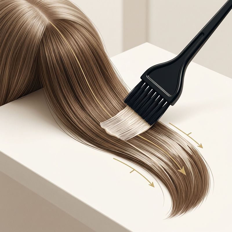 Hair section on a salon surface with an applicator working from mid-lengths to ends and a marked separation line protecting the correct root zone