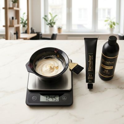 Balança de precisão com bowl de tinta e tubo de cor profissional sobre bancada de trabalho do salão