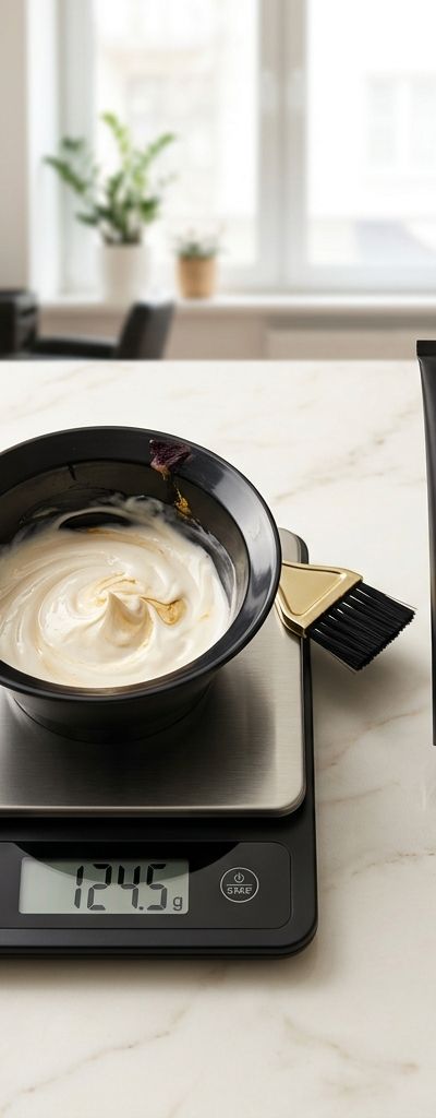 Precision scale with a bowl of hair color and a professional color tube on a salon work station