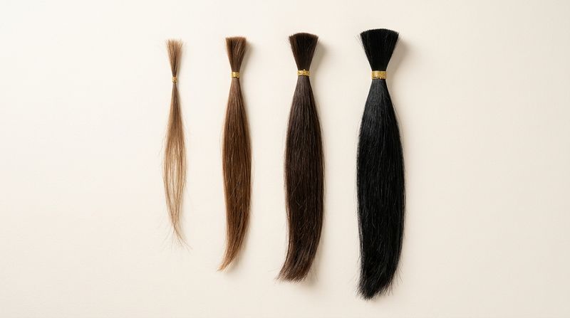 Four strands of hair of different thicknesses and lengths arranged from fine to very thick on a cream surface