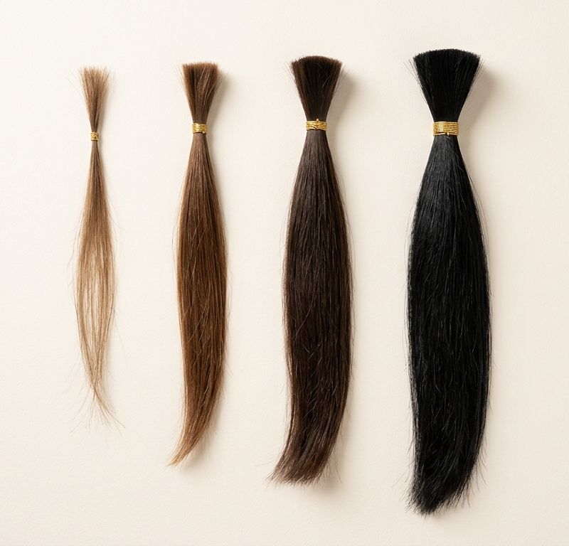 Cuatro mechones de cabello de distinto grosor y largo ordenados de fino a muy grueso sobre superficie crema