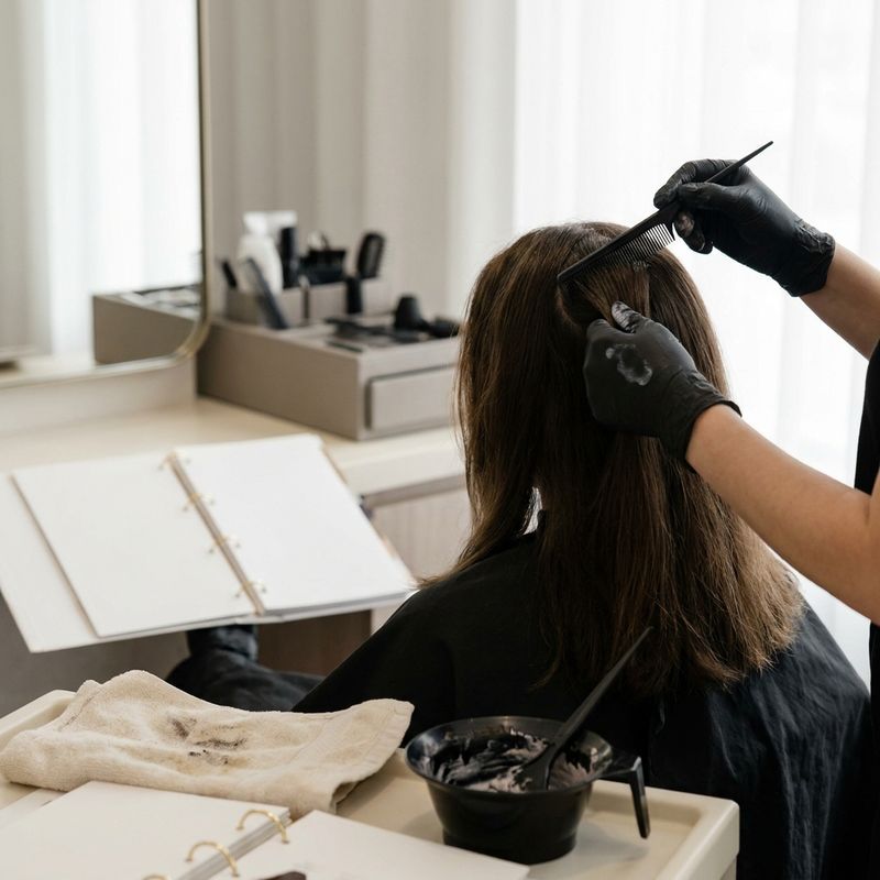 Gloved hands parting a section of root with a tail comb on a person seated in a salon chair, with a blank swatch book open on the counter