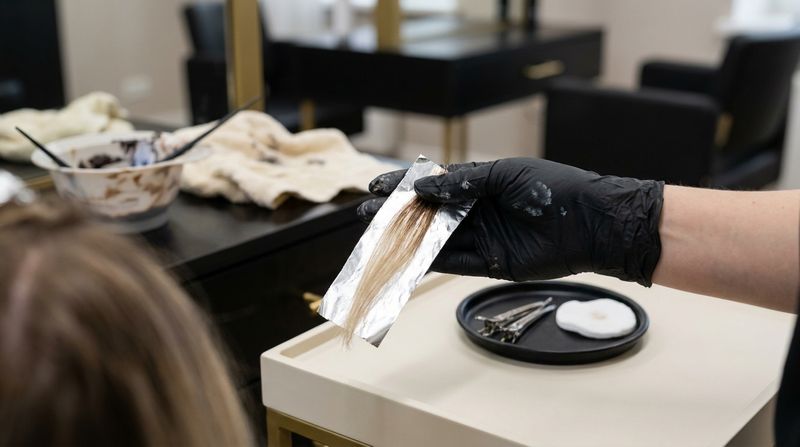 Gloved hand holding a test strand on foil, with a tray of clips beside it