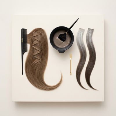 Técnica de aplicação bottom-up em cabelo com cabelos brancos: seção diagonal e depósito desde os meios para a raiz, vista macro sem rostos