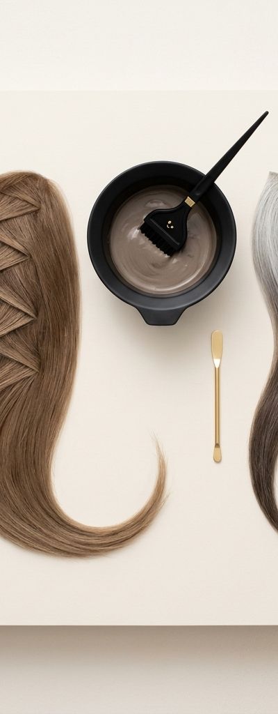 Bottom-up application technique on gray hair: diagonal sectioning and deposit from mid-lengths toward root, technical macro view without faces