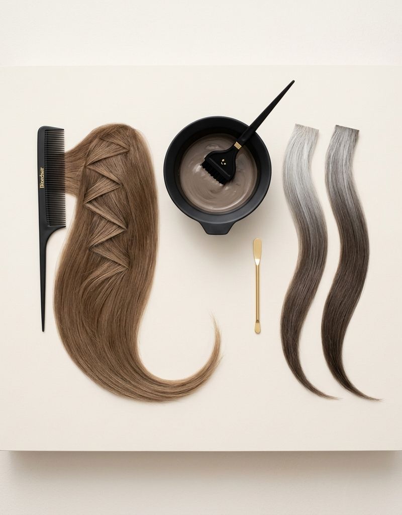 Bottom-up application technique on gray hair: diagonal sectioning and deposit from mid-lengths toward root, technical macro view without faces