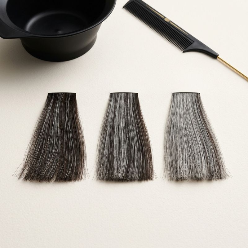 Amostras de cabelo com diferentes porcentagens de cabelos brancos: de 30% a 70%, com ferramentas de mistura profissionais sobre fundo creme