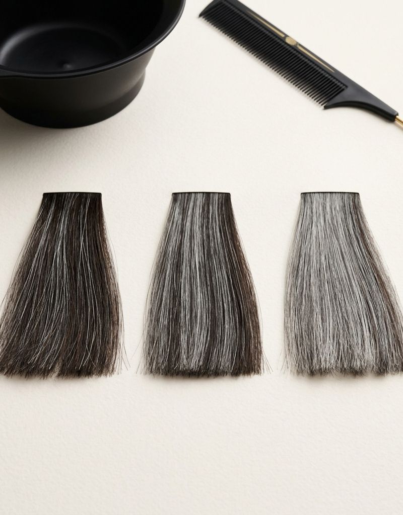 Gray hair percentage reference: swatches from 30% to 70% gray with professional color mixing tools on cream background