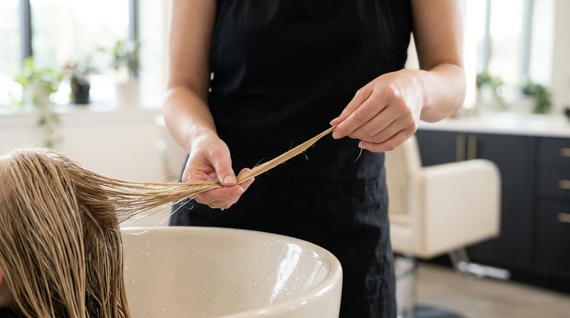 Colorista profissional avaliando por zonas o estado do cabelo antes de uma sessão de coloração pós-verão
